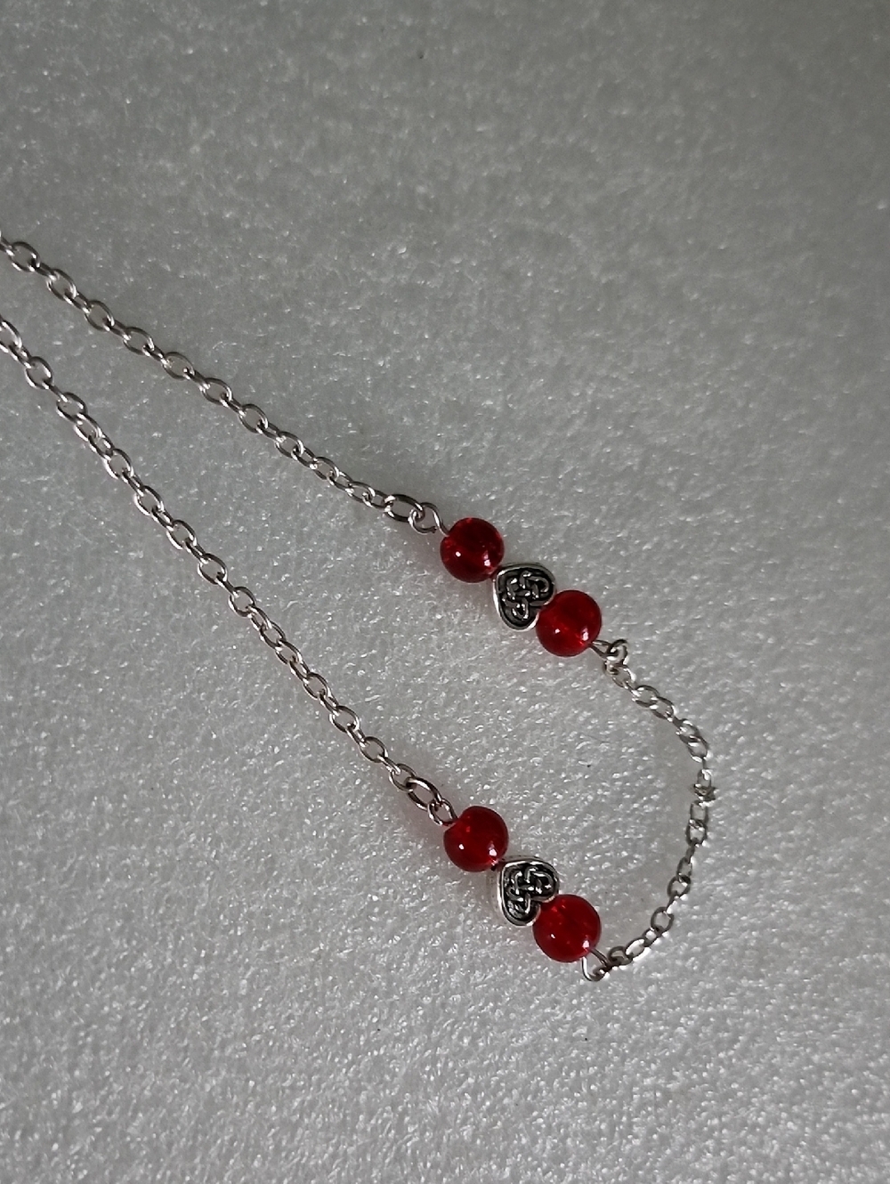 Hand Crafted Silver Bracelet / Anklet with Red Beads and Heart Accents